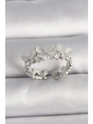 cleovibe Pirinç Gümüş Renk Zirkon Taşlı Beyaz Mineli Kelebek Model Ayarlanabilir Yüzük