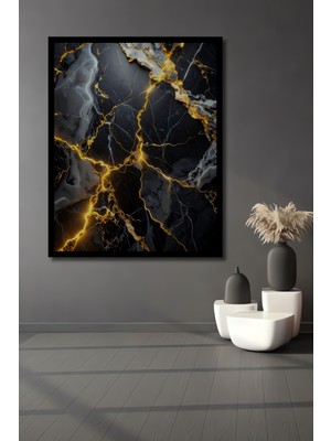 Beta Moda Hub Altın Damarlı Siyah Mermer Dokulu Modern Soyut Sanat Ahşap Ev,antre,ofis Tablo Çerçeve Görünümlü