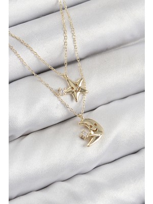 cleovibe Pirinç Zirkon Taşlı Yıldız ve Ay Model Gold Renk Kadın Kolye