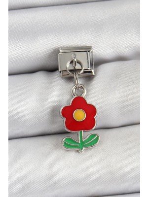 cleovibe 316L Çelik Sallantılı Kırmızı Papatya Model Gümüş Renk Nomination Charm