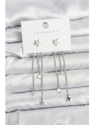 cleovibe Yıldız Model Gümüş Renk Pirinç Sallantılı Kadın Küpe