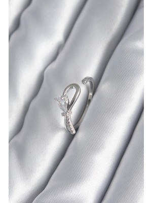 cleovibe Pirinç Gümüş Renk Zirkon Taş Detay Kurdele Model Kadın Yüzük