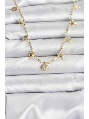 cleovibe Pirinç Gold Renk Zirkon Taşlı Deniz Kabuğu Model Kadın Kolye