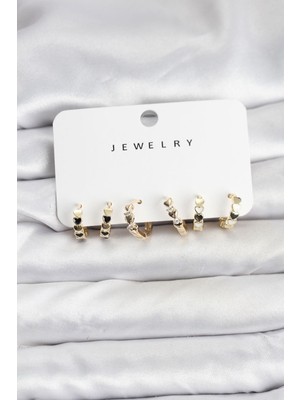 cleovibe Gold Renk Pirinç Minimal Kalp Detaylı Kadın Küpe Seti