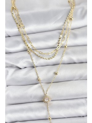 cleovibe Pirinç Gold Renk Güneş Model Detaylı 3'lü Kombin Y Kadın Kolye