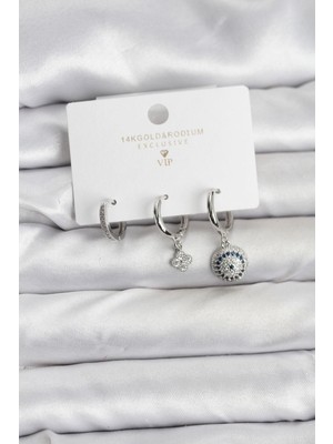 cleovibe Nazar Model Gümüş Renk Pirinç 3'lü Kadın Küpe Seti