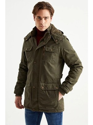 Dynamo Erkek Askeri Yeşil Kapüşonlu Kürk Astarlı Su Geçirmez Kalın Kaban 2445