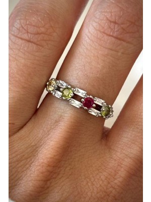 Leo'Stone Ithal Seri Çift Sıra Renkli Zirkon Taşlı Zarif Tasarım Ayarlanabilir Kadın Çelik Yüzük Gümüş