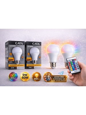 Cata Rgb LED Ampul Kumandalı 2 Adet Avantajlı 9W (60W) | Renkli + Beyaz Işık | E27 Duy | 850 Lümen