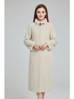 Rabiossa Kadın Dik Yaka Broşlu Kürk Peluş Kaban Ithal