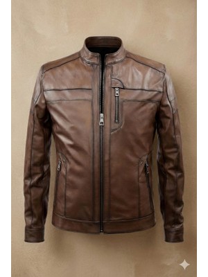 VERRA %100 Hakiki Deri Eskitme Kahve Hakim Yaka Erkek Deri Mont