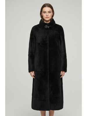Rabiossa Kadın Dik Yaka Broşlu Kürk Peluş Kaban Ithal