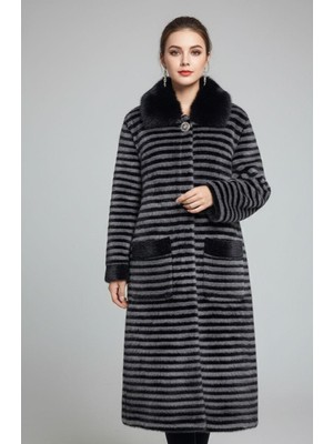 Rabiossa Kadın Mücevher Düğmeli Çizgili Lüks Kaban