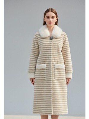 Rabiossa Kadın Mücevher Düğmeli Çizgili Lüks Kaban