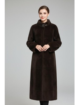 Rabiossa Kadın Dik Yaka Broşlu Kürk Peluş Kaban Ithal