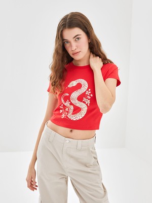 Lc Waikiki Yeni Sezon Bisiklet Yaka Baskılı Kadın Crop