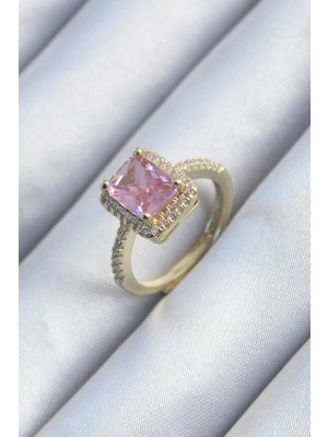cleovibe Pirinç Gold Renk Pembe Zirkon Taşlı Kadın Yüzük