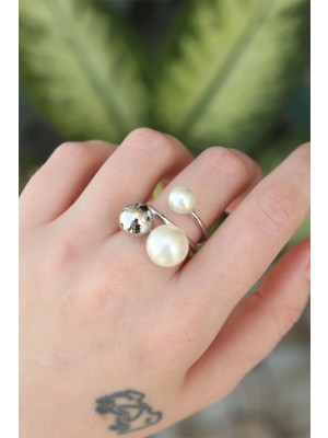 LTG Nova Pirinç Gümüş Renk Ayarlanabilir Inci Taşlı Yüzük