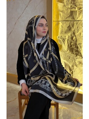 Chanel Vual Ipek Şal Zincir Logolu Gri Siyah