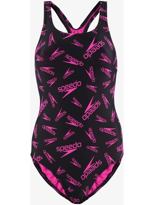 Speedo Boom Logo Allover Kadın Siyah Yüzücü Mayosu.-