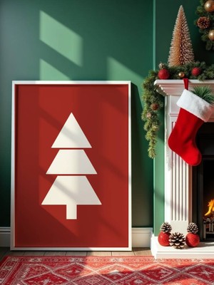 Fuart.Co Çam Ağacı Çizim Bordo Arkaplan Djital Baskı Noel Temalı Poster (Çerçevesiz) Nofu