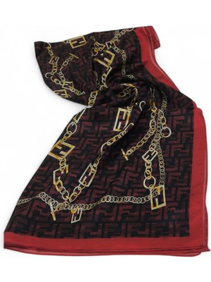 Fendi Zincir  Desen  Vual Ipek Şal Kırmızı Siyah