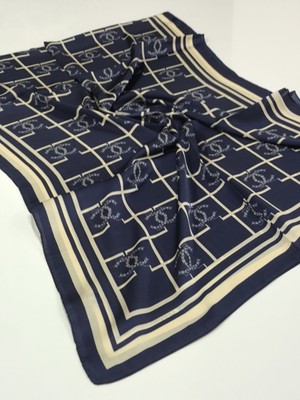 Chanel Vual Ipek Şal Kare Logolu  Lacivert Krem