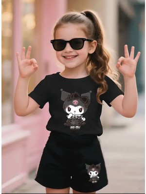Punix Kids Punıx Kids Özel Seri Siyah Dantel Elbiseli Kuromi Baskılı %100 Pamuk Kız Çocuk T-Shırt Şort Takımı