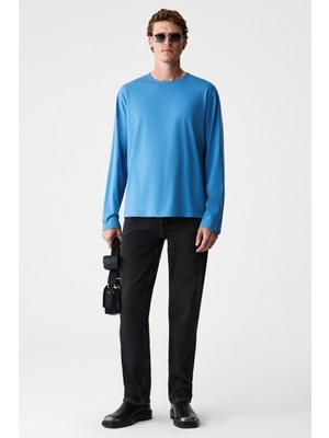 Grimelange Gravs Erkek %100 Pamuklu Yumuşak Kumaşlı Yuvarlak Yakalı Uzun Kollu Mavi T-Shirt