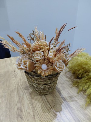 Bead Hasır Saksılı Kokulu Mumdan Hediyelik Çiçek Buketi