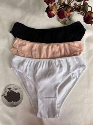 Trend Dokunuş Kadın 3'lü Pamuklu Ribanalı Beyaz-Ten-Siyah Külot Takımı