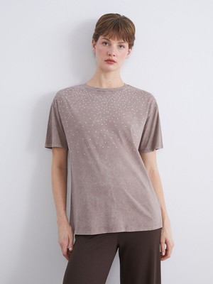 Lc Waikiki Yeni Sezon Bisiklet Yaka Taşlı Kadın Tişört