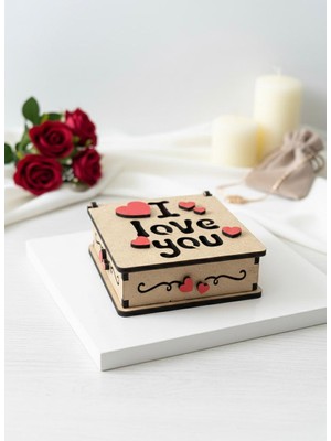 I Love You Yazılı Ahşap Hediye Kutusu - Sevgililer Günü, Yıldönümü Özel Tasarım Dekoratif Kutu