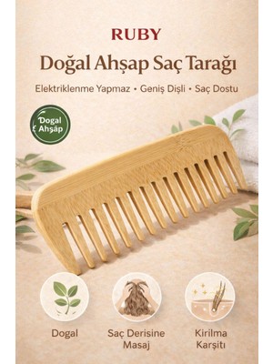 Ruby Doğal Ahşap Geniş Dişli Saç Tarağı – Elektriklenme Azaltan, Saç Dostu, Islak & Kuru Kullanım
