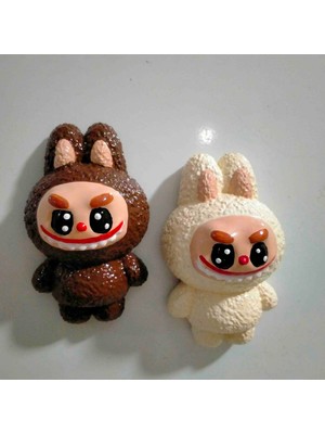 Krem , Kahverengi Ikili Labubu Magnet 8cm, Buzdolabı Mıknatısı , Dolap Süsü