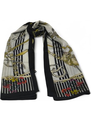 Gucci Vual Ipek Şal Papatya Zincir Desen  Siyah Beyaz