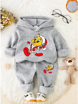 Punix Kids Punıx Kıds Özel Seri Kapüşonlu Ponpon Bereli  Tweety Baskılı %100 Pamuk Kışlık Kız Çocuk Eşofman Takımı