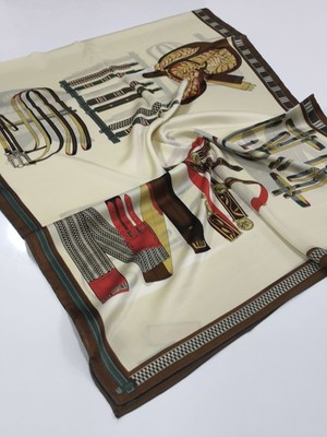 Hermes Vual Ipek Şal Kemer Desenli Krem Kahve