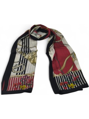 Gucci Vual Ipek Şal Papatya Zincir Desen Kırmızı Siyah