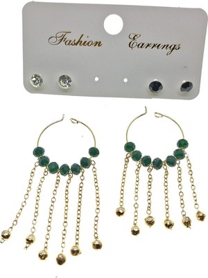 TRY Altın Renk Yeşil Boncuk Şık Sallantılı El Işi Kombin Küpe - 2232