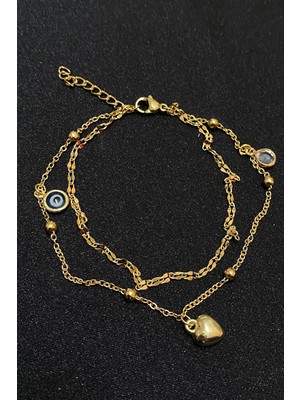 TRY Altın Renk Nazar Göz Kalp Model Singapur ve Top Zincir Çelik Halhal - 3298