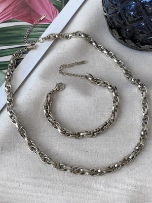 TRY Gümüş Renk Çelik Iç Içe Geçmeli Halat Unisex Kararmaz Kolye ve Bileklik Çelik Set - 3214