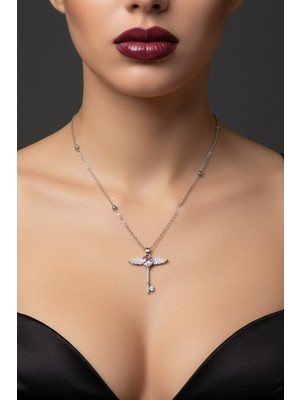 TRY Gümüş Renk Pembe Taş Kanat Anahtar Model Sf Zincir Çelik Kolye -  3815