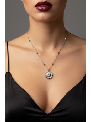 TRY Gümüş Renk Yuvarlak Mekik Taşlı Model Top Zincir Çelik Kolye- 3766