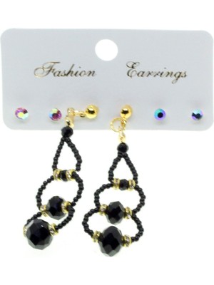 TRY Altın Renk Kombin Üç Yuvarlaklı Siyah Boncuk Küpe - 2821