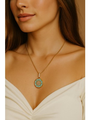 TRY Altın Renk Yeşil Mine Yuvarlak Güneş Asansör Zincir Çelik Kolye - 3639