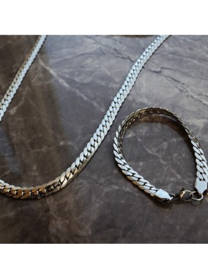 TRY Gümüş Renk Çelik Snake Unisex Kolye &amp; Bileklik Set Vip Solmaz Kararmaz Çelik Set - 3121