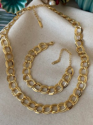 TRY Altın Renk Samanyolu Kolye &amp; Bileklik Set Vip Solmaz Kararmaz Çelik Set - 3136