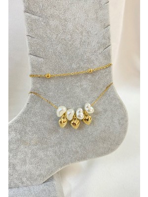 TRY Altın Renk Kalp Barok Model Top ve Sf Zincir Çelik Halhal - 3228