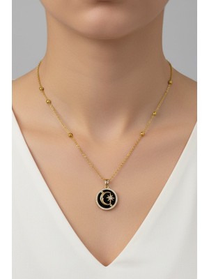 TRY Altın Renk Siyah Mineli Ay Yıldız Model Top Zincir Çelik Kolye- 3706